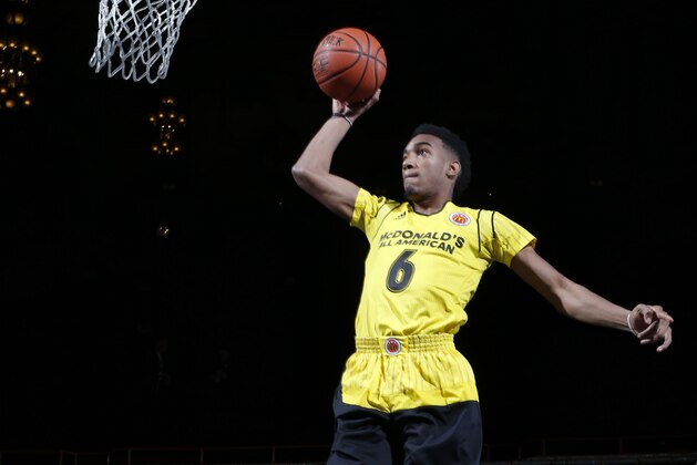 Mar 28, 2016; Chicago, IL, USA; McDonalds High School All-American guard Terrance Ferguson dunks during the McDonalds All-American Powerade Jamfest at the Chicago Theatre. Mandatory Credit: Brian Spurlock-USA TODAY Sports