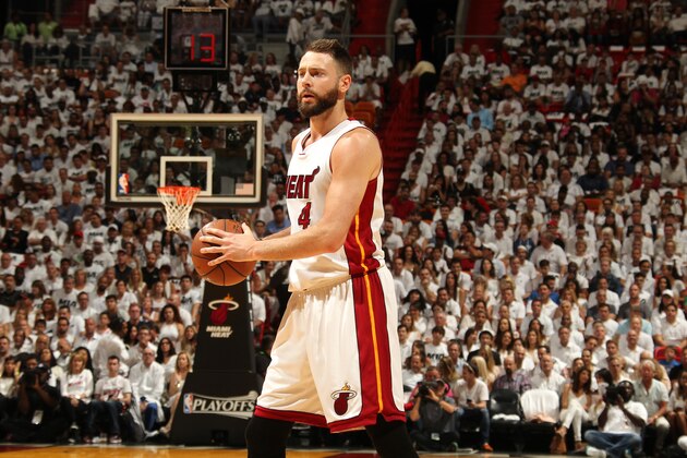 MIAMI, FL - MAY 7: Josh McRoberts #4 of the Miami Heat handles the ball during the game against the Toronto Raptors in Game Three of the Eastern Conference Semifinals during the 2016 NBA Playoffs on May 7, 2016 at AmericanAirlines Arena in Miami, Florida. NOTE TO USER: User expressly acknowledges and agrees that, by downloading and or using this Photograph, user is consenting to the terms and conditions of the Getty Images License Agreement. Mandatory Copyright Notice: Copyright 2016 NBAE (Photo by Issac Baldizon/NBAE via Getty Images) MIAMI, FL - MAY 7: Josh McRoberts #4 of the Miami Heat handles the ball during the game against the Toronto Raptors in Game Three of the Eastern Conference Semifinals during the 2016 NBA Playoffs on May 7, 2016 at AmericanAirlines Arena in Miami, Florida. NOTE TO USER: User expressly acknowledges and agrees that, by downloading and or using this Photograph, user is consenting to the terms and conditions of the Getty Images License Agreement. Mandatory Copyright Notice: Copyright 2016 NBAE (Photo by Issac Baldizon/NBAE via Getty Images)