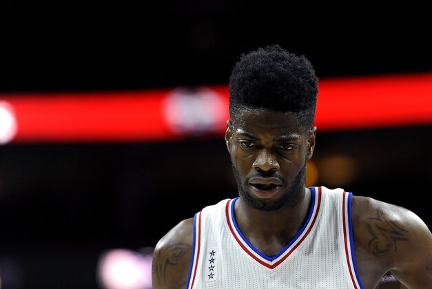 Philadelphia 76ers' Nerlens Noel is seen during an NBA basketball game against the Milwaukee Bucks, Sunday, April 10, 2016, in Philadelphia. (AP Photo/Michael Perez)