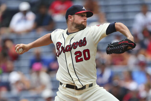 Atlanta Braves starting pitcher Bud Norris (20) delivers a pitch to a New York Mets batter in the first inning of a baseball game Sunday, June 26, 2016, in Atlanta. (AP Photo/John Bazemore)