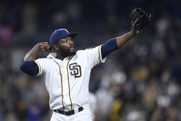 SAN DIEGO, CALIFORNIA - JUNE 4: Fernando Rodney #56 of the San Diego Padres celebrates after getting the final out during the ninth inning of a baseball game against the Colorado Rockies at PETCO Park on June 4, 2016 in San Diego, California.(Photo by Andy Hayt/San Diego Padres/Getty Images)