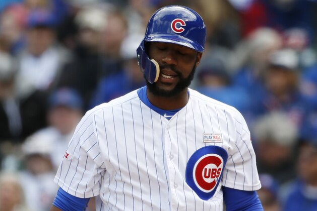 Chicago Cubs' Jason Heyward reacts after striking out on a foul tip during the first inning of a baseball game against the Pittsburgh Piratesm Sunday, May 15, 2016, in Chicago. (AP Photo/Nam Y. Huh)