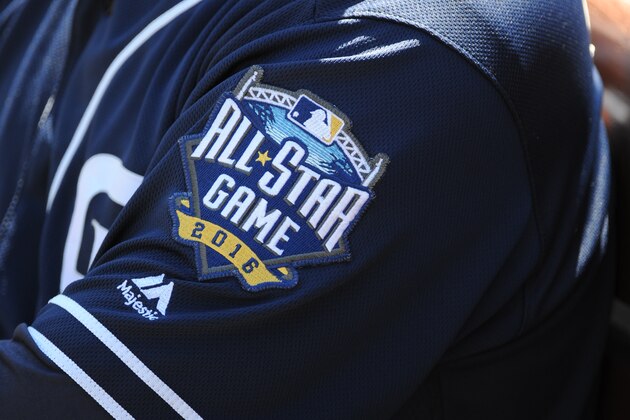 PHILADELPHIA, PA - APRIL 14:  The patch for the 2016 MLB All-Star Game is seen on the sleeve of Andy Green #14, manager of the San Diego Padres is seen before the game against the Philadelphia Phillies on April 14, 2016 at Citizens Bank Park in Philadelphia, Pennsylvania.  The Phillies defeated the Padres 3-0. (Photo by Rich Pilling/Getty Images)