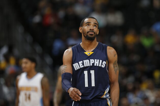 Memphis Grizzlies guard Mike Conley (11) in the second half of an NBA basketball game Monday, Feb. 29, 2016, in Denver. Memphis won 103-96. (AP Photo/David Zalubowski)