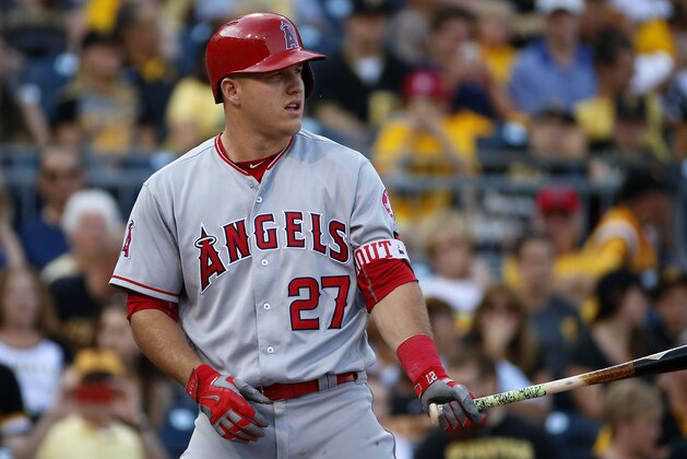 Los Angeles Angels' Mike Trout bats during the first inning of a baseball game against the Pittsburgh Pirates in Pittsburgh, Friday, June 3, 2016. The Angels won 9-2. (AP Photo/Gene J. Puskar)