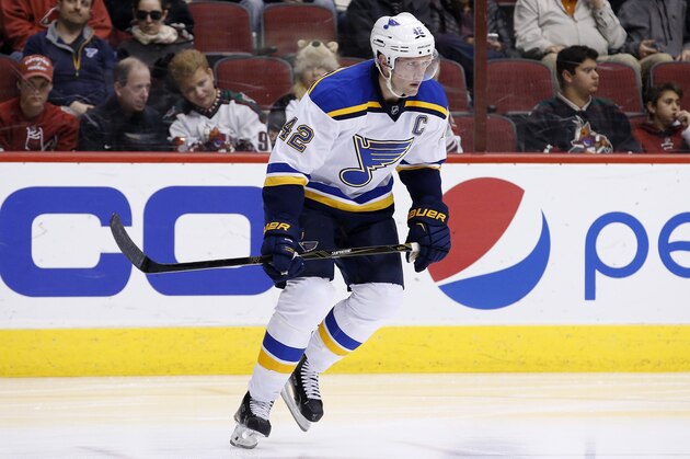 St. Louis Blues' David Backes skates back to the puck during the third period of an NHL hockey game against the Arizona Coyotes Saturday, Feb. 20, 2016, in Glendale, Ariz.  The Blues defeated the Coyotes 6-4. (AP Photo/Ross D. Franklin)