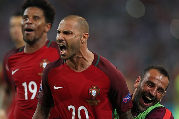 Portugal's forward Ricardo Quaresma (C) celebrates after scoring the winning goal in a penalty shoot-ou during the Euro 2016 quarter-final football match between Poland and Portugal at the Stade Velodrome in Marseille on June 30, 2016. / AFP / Valery HACHE        (Photo credit should read VALERY HACHE/AFP/Getty Images)
