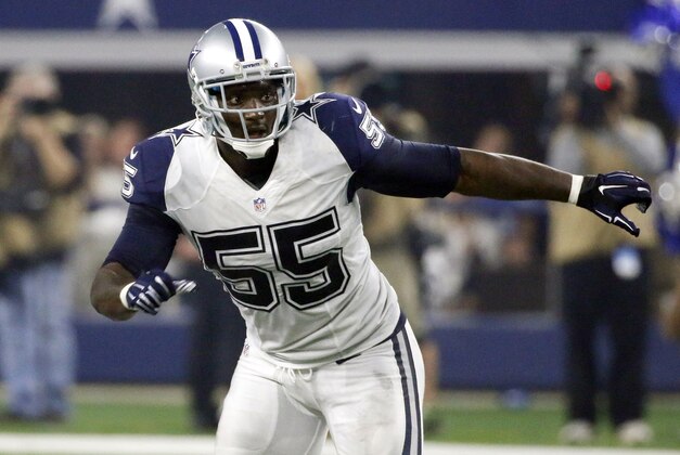 FILE - In this Nov. 26, 2015, file photo, Dallas Cowboys' Rolando McClain defends against the Carolina Panthers during an NFL football game in Arlington, Texas.  A person with knowledge of the situation says McClain has been suspended for the first 10 games next season for his second violation of the NFL’s substance-abuse policy in as many years. (AP Photo/Roger Steinman, File)
