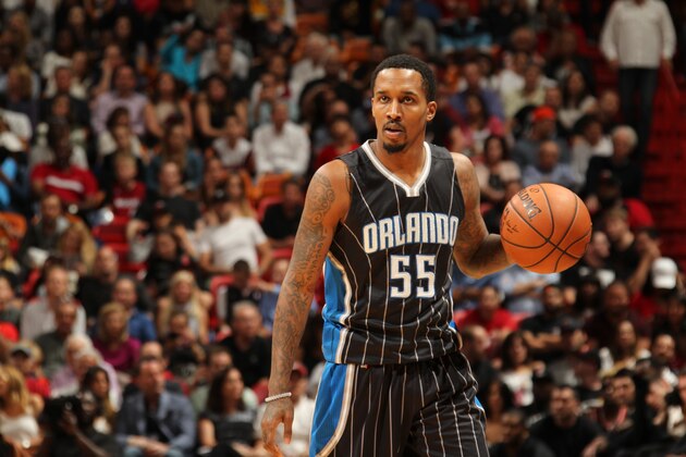 MIAMI, FL - MARCH 25:  Brandon Jennings #55 of the Orlando Magic handles the ball against the Miami Heat on March 25, 2016 at AmericanAirlines Arena in Miami, Florida. NOTE TO USER: User expressly acknowledges and agrees that, by downloading and or using this Photograph, user is consenting to the terms and conditions of the Getty Images License Agreement. Mandatory Copyright Notice: Copyright 2016 NBAE (Photo by Issac Baldizon/NBAE via Getty Images)