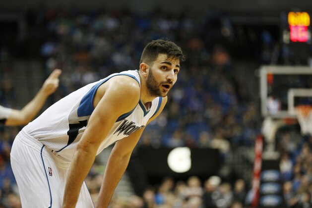 Minnesota Timberwolves guard Ricky Rubio (9) pauses during a break in the first half of an NBA basketball game against the Dallas Mavericks, Sunday, April 3, 2016, in Minneapolis. (AP Photo/Stacy Bengs)