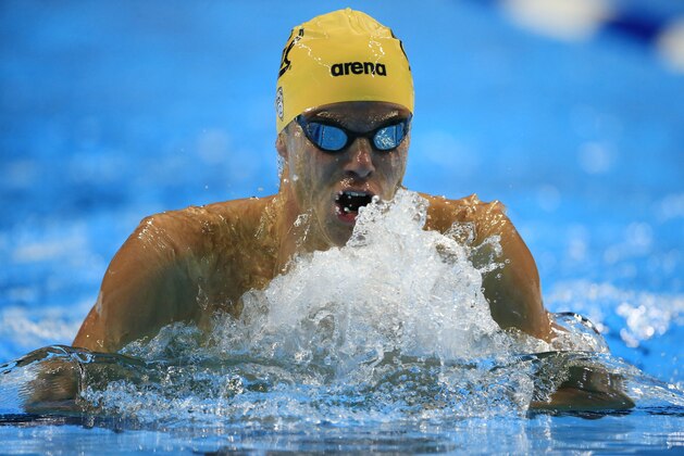 Josh Prenot swims in the men's 200-meter breaststroke final at the U.S. Olympic swimming trials, Thursday, June 30, 2016, in Omaha, Neb. (AP Photo/Orlin Wagner)