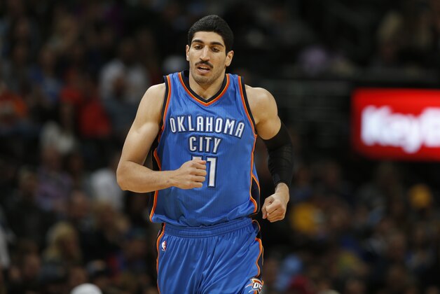 Oklahoma City Thunder center Enes Kanter (11) in the second half of an NBA basketball game Tuesday, April 5, 2016, in Denver. Oklahoma City won 124-102. (AP Photo/David Zalubowski)