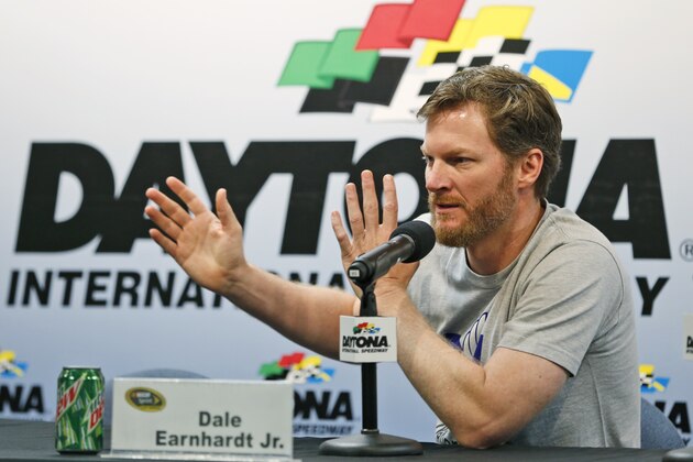 Dale Earnhardt Jr. gestures as he speaks during a news conference before the start of a NASCAR Sprint Cup auto racing practice at Daytona International Speedway, Thursday, June 30, 2016, in Daytona Beach, Fla. (AP Photo/Wilfredo Lee) Dale Earnhardt Jr. gestures as he speaks during a news conference before the start of a NASCAR Sprint Cup auto racing practice at Daytona International Speedway, Thursday, June 30, 2016, in Daytona Beach, Fla. (AP Photo/Wilfredo Lee)