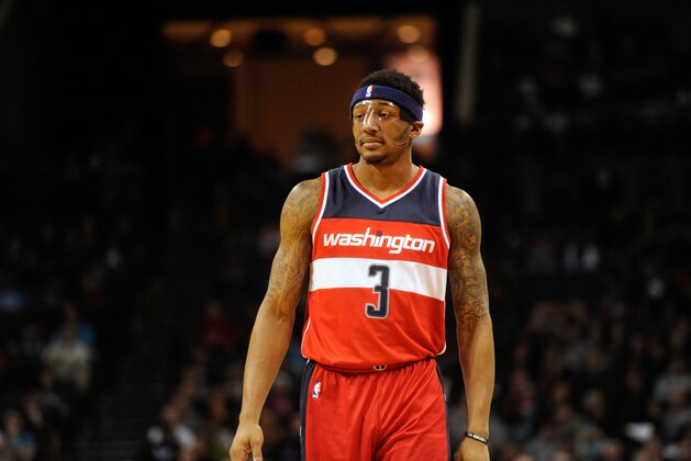 Feb 6, 2016; Charlotte, NC, USA; Washington Wizards guard Bradley Beal (3) reacts after being called on a foul during the second half of the game against the Charlotte Hornets at Time Warner Cable Arena. Hornets win 108-104. Mandatory Credit: Sam Sharpe-USA TODAY Sports