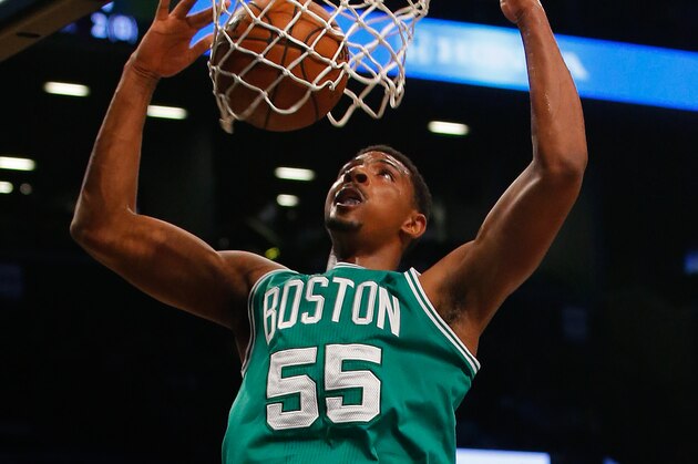 Oct 14, 2015; Brooklyn, NY, USA;   Boston Celtics forward Jordan Mickey (55) against the Brooklyn Nets during second half at Barclays Center. Mandatory Credit: Noah K. Murray-USA TODAY Sports