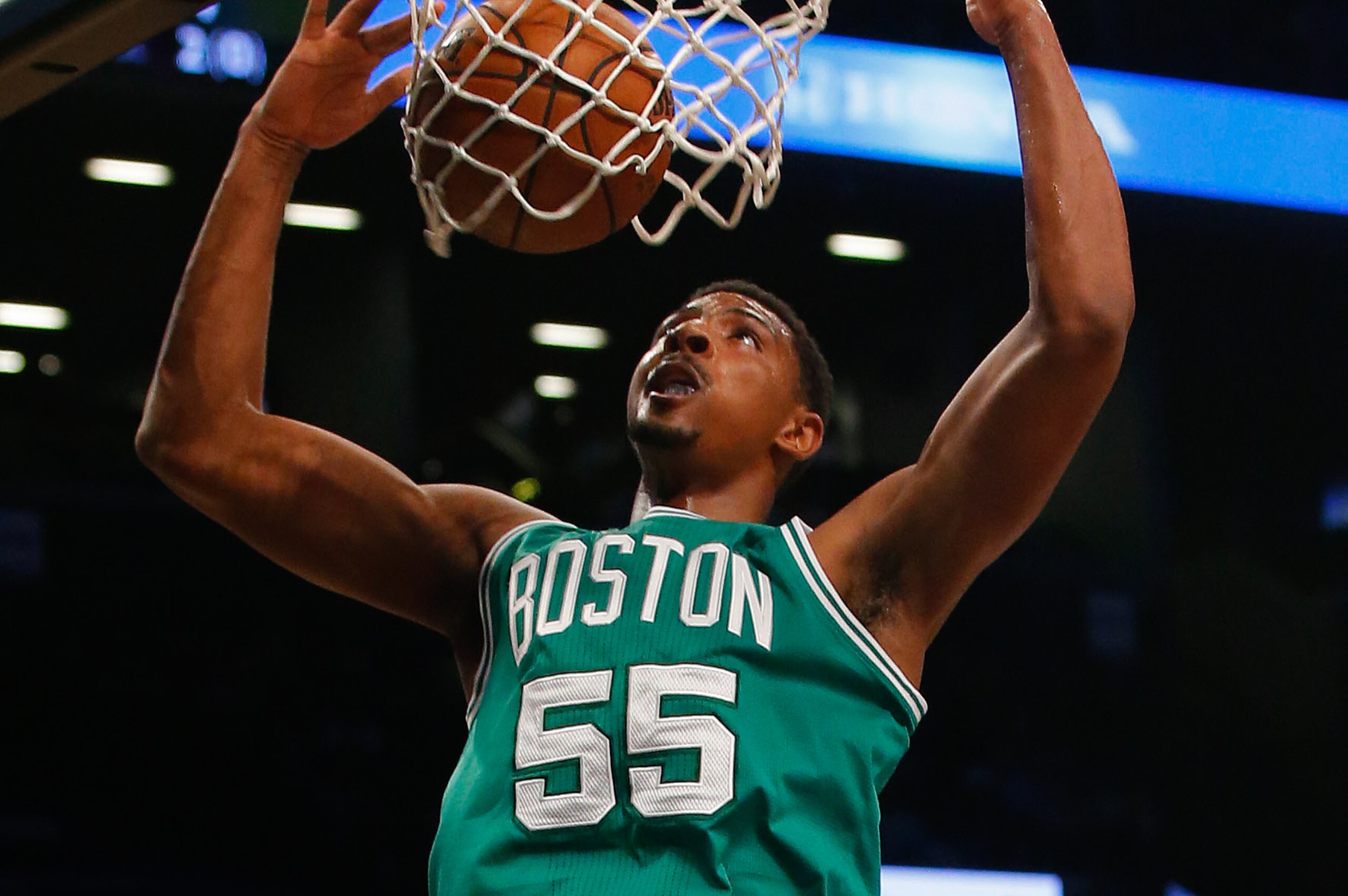 Oct 14, 2015; Brooklyn, NY, USA; Boston Celtics forward Jordan Mickey (55) against the Brooklyn Nets during second half at Barclays Center. Mandatory Credit: Noah K. Murray-USA TODAY Sports Oct 14, 2015; Brooklyn, NY, USA; Boston Celtics forward Jordan Mickey (55) against the Brooklyn Nets during second half at Barclays Center. Mandatory Credit: Noah K. Murray-USA TODAY Sports