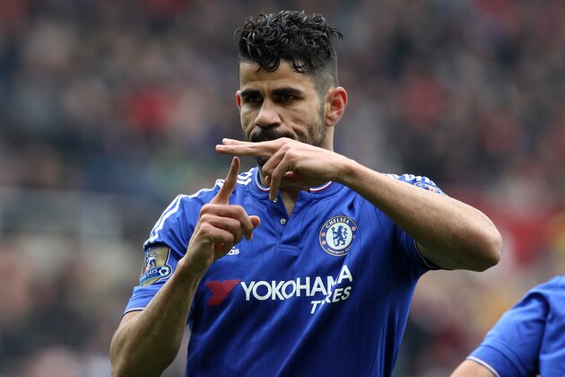 Chelsea's Brazilian-born Spanish striker Diego Costa celebrates scoring his team's first goal during the English Premier League football match between Sunderland and Chelsea at the Stadium of Light in Sunderland, northeast England on May 7, 2016. / AFP / LINDSEY PARNABY / RESTRICTED TO EDITORIAL USE. No use with unauthorized audio, video, data, fixture lists, club/league logos or 'live' services. Online in-match use limited to 75 images, no video emulation. No use in betting, games or single club/league/player publications.  /         (Photo credit should read LINDSEY PARNABY/AFP/Getty Images)