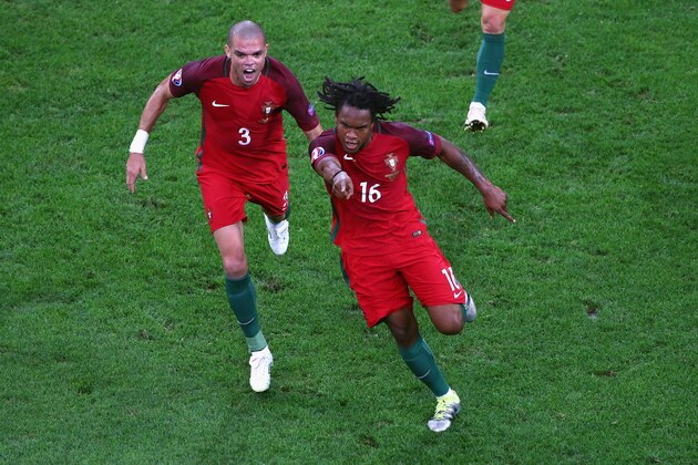 MARSEILLE, FRANCE - JUNE 30:  Renato Sanches (R) of Portugal celebrates scoring his team's first goal with his team mate Pepe (L) during the UEFA EURO 2016 quarter final match between Poland and Portugal at Stade Velodrome on June 30, 2016 in Marseille, France.  (Photo by Alex Livesey/Getty Images)