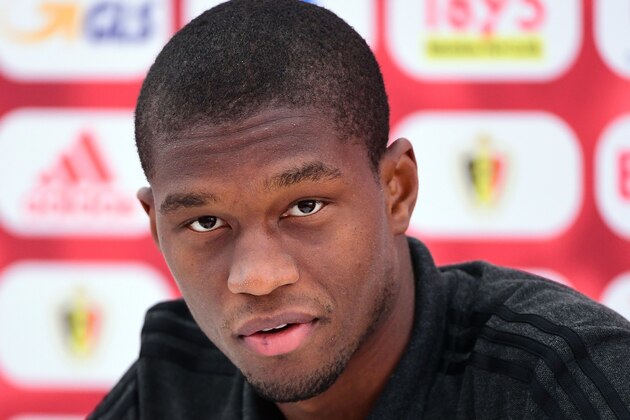 Belgium's defender Christian Kabasele looks on as he gives a press conference during the Euro 2016 football tournament at Le Haillan, on June 20, 2016.    / AFP / EMMANUEL DUNAND        (Photo credit should read EMMANUEL DUNAND/AFP/Getty Images)