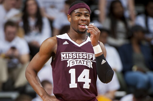 Mississippi State's Malik Newman chews on his mouthpiece during the second half of an NCAA college basketball game against Missouri, Saturday, Jan. 30, 2016, in Columbia, Mo. Mississippi State won the game 76-62. (AP Photo/L.G. Patterson)
