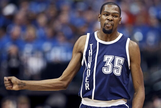 Apr 23, 2016; Dallas, TX, USA; Oklahoma City Thunder forward Kevin Durant (35) reacts after scoring during the second quarter against the Dallas Mavericks in game four of the first round of the NBA Playoffs at American Airlines Center. Mandatory Credit: Kevin Jairaj-USA TODAY Sports