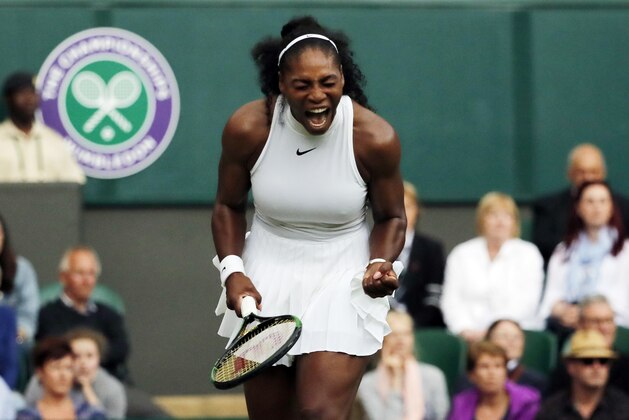 Serena Williams of the U.S celebrates a point against Christina McHale of the U.S during their women's singles match on day five of the Wimbledon Tennis Championships in London, Friday, July 1, 2016. (AP Photo/Ben Curtis)