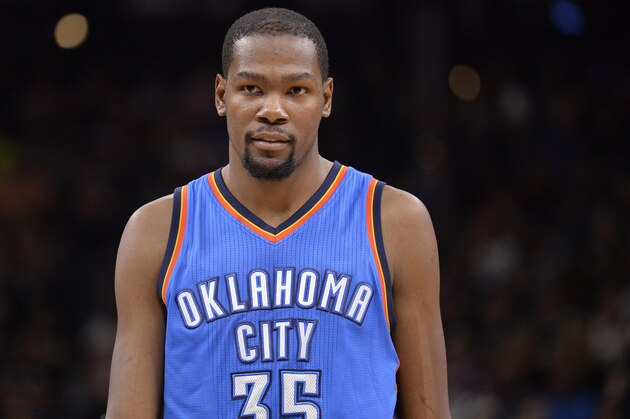 Oklahoma City Thunder forward Kevin Durant walks up court during the first half of an NBA basketball game against the San Antonio Spurs, Saturday, March 12, 2016, in San Antonio. San Antonio won 93-85. (AP Photo/Darren Abate)