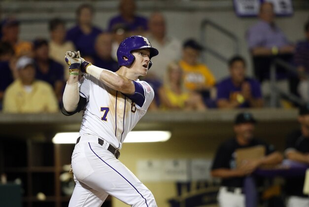 LSU's Greg Deichmann, hits a three run homer in the fourth inning of an NCAA college baseball tournament super regional game against Coastal Carolina in Baton Rouge, La., Saturday, June 11, 2016. (AP Photo/Gerald Herbert)