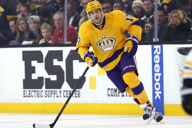 FILE- In this Feb. 9, 2016, file photo, Los Angeles Kings' Milan Lucic skates during an NHL hockey game in Boston. The New Jersey Devils have acquired former No. 1 overall draft pick Taylor Hall from the Edmonton Oilers for defenseman Adam Larsson, which the teams announced Wednesday, June 29, 2016, two days before the start of free agency. The Oliers get salary cap space to possibly sign free agent Lucic with Hall's $6 million annual salary heading to New Jersey.  (AP Photo/Winslow Townson, File)