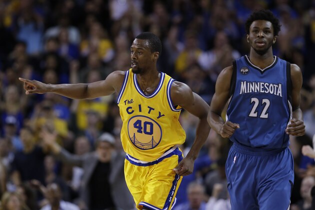 Golden State Warriors' Harrison Barnes (40) during during the first half of an NBA basketball game against the Minnesota Timberwolves Tuesday, April 5, 2016, in Oakland, Calif. (AP Photo/Marcio Jose Sanchez)