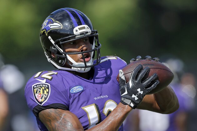 Baltimore Ravens wide receiver Darren Waller makes a catch during NFL football training camp, Saturday, Aug. 8, 2015, in Owings Mills, Md. (AP Photo/Patrick Semansky)