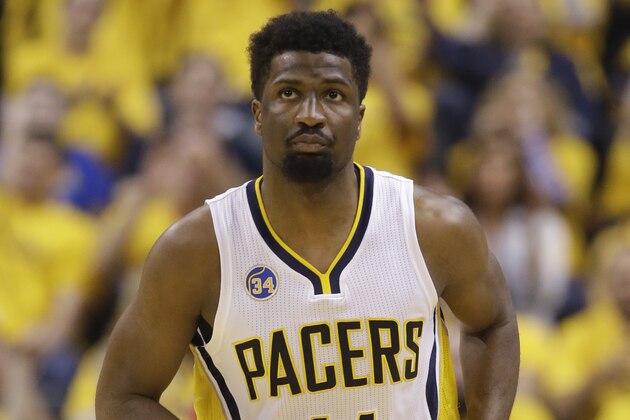 Indiana Pacers' Solomon Hill (44) in action during the first half of Game 6 of an NBA first-round playoff basketball series against the Toronto Raptors, Friday, April 29, 2016, in Indianapolis. (AP Photo/Darron Cummings)