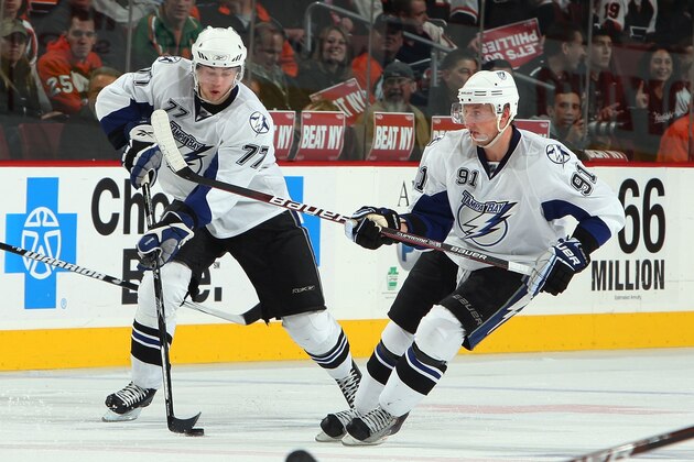 PHILADELPHIA - NOVEMBER 02:  Victor Hedman #77 and Steven Stamkos #91 of the Tampa Bay Lightning skate against the Philadelphia Flyers on November 2, 2009 at Wachovia Center in Philadelphia, Pennsylvania. The Flyers won the game 6-2.  (Photo by Jim McIsaac/Getty Images)