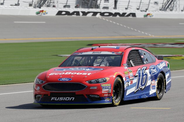 Greg Biffle (16) waits on pit road for clearance to go on the track during NASCAR Sprint Cup auto racing practice at Daytona International Speedway, Friday, July 1, 2016, in Daytona Beach, Fla. (AP Photo/John Raoux)