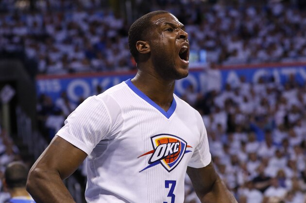 Oklahoma City Thunder guard Dion Waiters (3) reacts after a basket against the Dallas Mavericks during the second half of Game 2 of a first-round NBA basketball playoff series, Monday, April 18, 2016, in Oklahoma City. (AP Photo/Alonzo Adams)