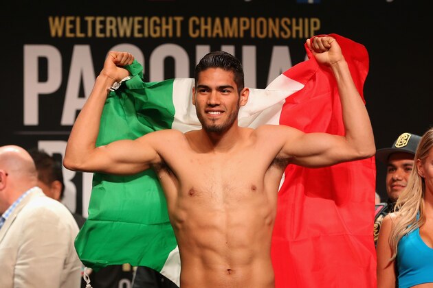 LAS VEGAS, NV - APRIL 08:  Gilberto Ramirez poses on the scale during his official weigh-in at MGM Grand Garden Arena on April 8, 2016 in Las Vegas, Nevada. Ramirez will challenge WBO super middleweight champion Arthur Abraham for his title on April 9 in Las Vegas.  (Photo by Christian Petersen/Getty Images)