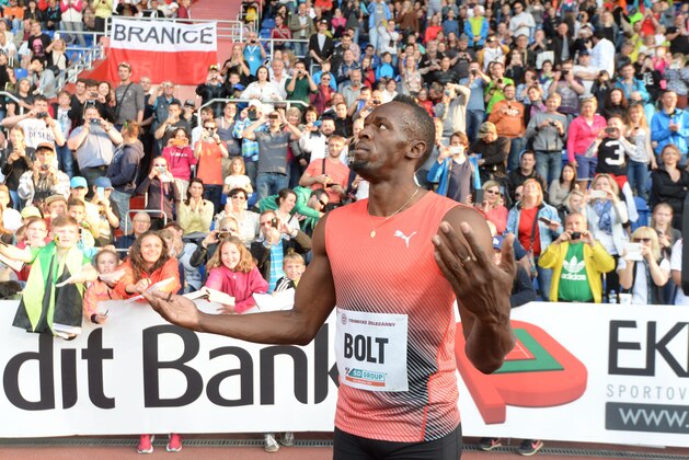 Usain Bolt of Jamaica reacts after winning the Men's 100m event at the IAAF World challenge Zlata Tretra (Golden Spike) athletics tournament in Ostrava, on May 20, 2016.  / AFP / Michal Cizek        (Photo credit should read MICHAL CIZEK/AFP/Getty Images)