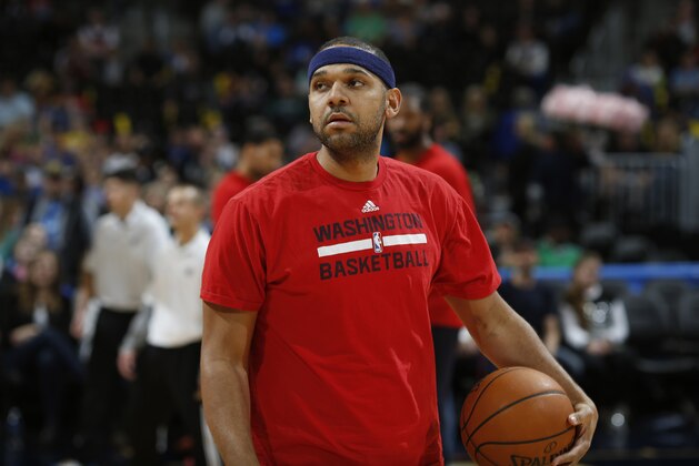 Washington Wizards forward Jared Dudley (1) in the first half of an NBA basketball game Saturday, March 12, 2016, in Denver. (AP Photo/David Zalubowski)