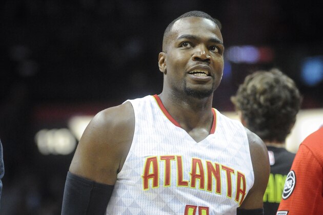 Atlanta Hawks forward Paul Millsap (4) comes off the court after sinking a basket against the Boston Celtics to take a time out in an NBA basketball game, Saturday, April 9, 2016, in Atlanta. Atlanta won 118-107. (AP Photo/John Amis)