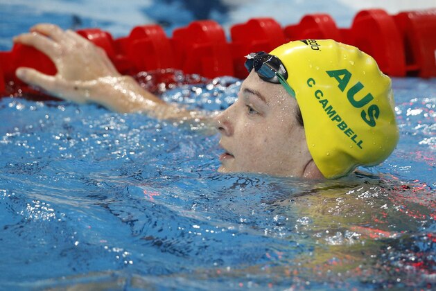 Australia's Cate Campbell checks her time after a women's 50m freestyle semifinal at the Swimming World Championships in Kazan, Russia, Saturday, Aug. 8, 2015. (AP Photo/Sergei Grits)