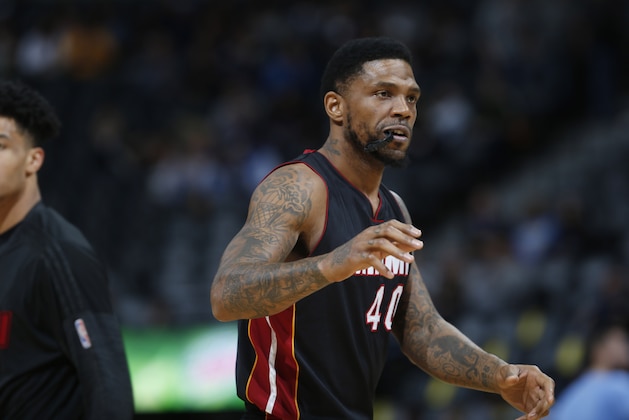 Miami Heat forward Udonis Haslem (40) during the first half of an NBA basketball game Friday, Jan. 15, 2016, in Denver. (AP Photo/David Zalubowski)