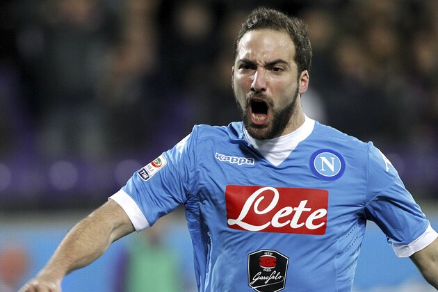 Napoli's Gonzalo Higuain celebrates after scoring during a Serie A soccer match between Fiorentina and Napoli at the Artemio Franchi stadium in Florence, Italy, Monday, Feb. 29, 2016. (AP Photo/Fabrizio Giovannozzi)