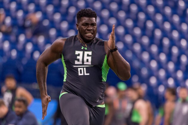 West Georgia offensive lineman Dominique Robertson runs the 40 yard dash at the NFL football scouting combine, Friday, Feb. 26, 2016, in Indianapolis. (AP Photo/L.G. Patterson)