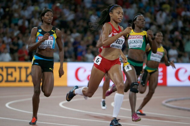 FILE - In this Aug. 27, 2015, file photo, United States' Allyson Felix sprints to the gold medal in the women's 400m final at the World Athletics Championships at the Bird's Nest stadium in Beijing. Felix is supposed to be cementing her legacy in track this summer. Instead, she comes into U.S. Olympic trials hobbling, unsure and simply hoping for third place. (AP Photo/Ng Han Guan, File)