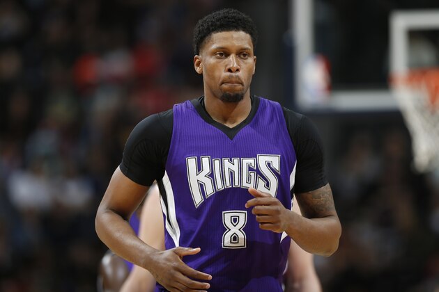 Sacramento Kings forward Rudy Gay (8) in the second half of an NBA basketball game Saturday, April 2, 2016, in Denver. Sacramento won 115-106. (AP Photo/David Zalubowski)