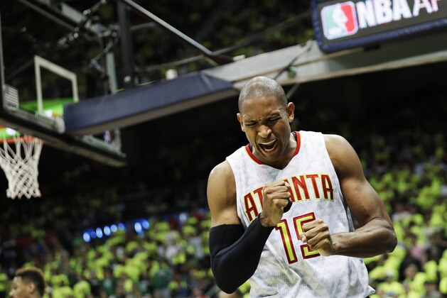 Atlanta Hawks' Al Horford reacts after missing a basket but draws a foul on the play in the fourth quarter in Game 1 of a first-round NBA basketball playoff series against the Boston Celtics Saturday, April 16, 2016, in Atlanta. (AP Photo/David Goldman)
