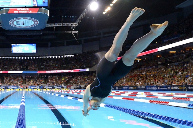 Katie Ledecky starts the women's 200-meter freestyle final at the U.S. Olympic swimming trials, Wednesday, June 29, 2016, in Omaha, Neb. (AP Photo/Mark J. Terrill)