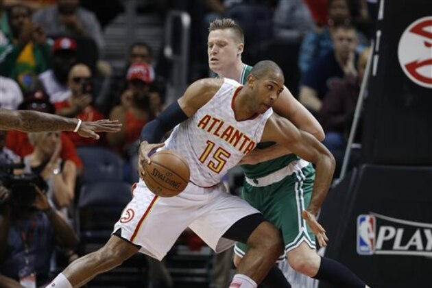 FILE - In this April 26, 2016, file photo, Atlanta Hawks center Al Horford (15) drives against Boston Celtics forward Jonas Jerebko during the first half of Game 5 of an NBA basketball first-round playoff series in Atlanta. (Toronto's DeMar DeRozan, Atlanta's Al Horford, Memphis point guard Mike Conley and Houston's Dwight Howard are among those who figure to become free agents this summer when the NBA's new television deal will kick in. (AP Photo/John Bazemore, File)
