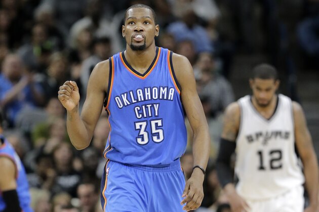 Oklahoma City Thunder's Kevin Durant (35) celebrates a basket in front of San Antonio Spurs' LaMarcus Aldridge (12) during the second half in Game 2 of a second-round NBA basketball playoff series, Monday, May 2, 2016, in San Antonio. (AP Photo/Eric Gay)