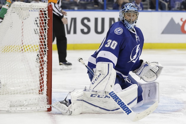 Tampa Bay Lightning goalie Ben Bishop (30) guards the net during the second period of Game 2 of the NHL hockey Stanley Cup Eastern Conference semifinals against the New York Islanders, Saturday, April 30, 2016, in Tampa, Fla. (AP Photo/Chris O'Meara)